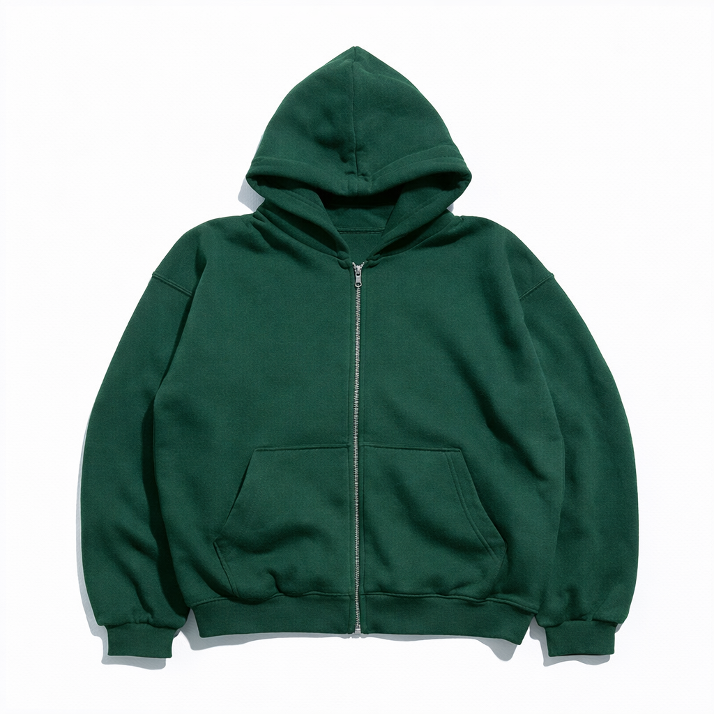 Dark Green Zip Hoodie 02. 500 gsm.